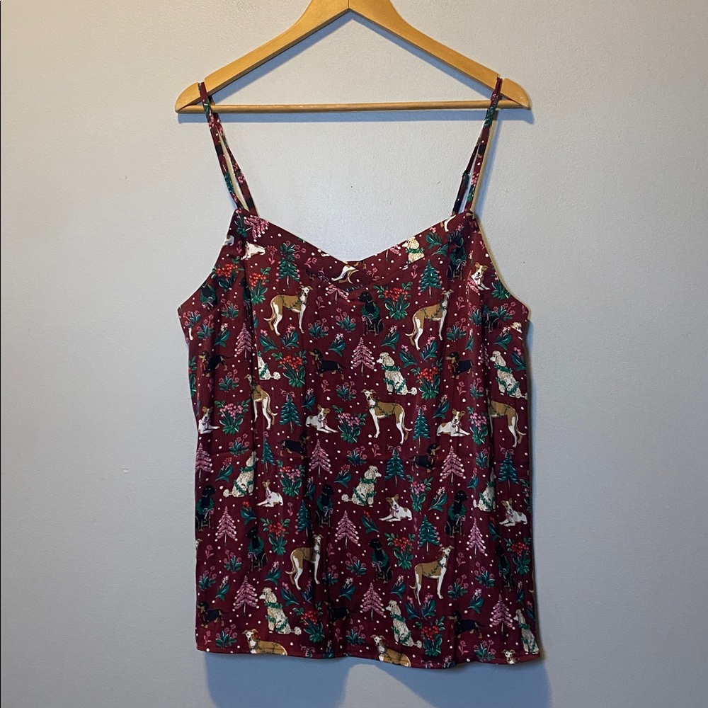 Lands End Pajama Set Women Large Burgundy Holiday Hounds Print Pull On Pant Tank - Picture 12 of 16
